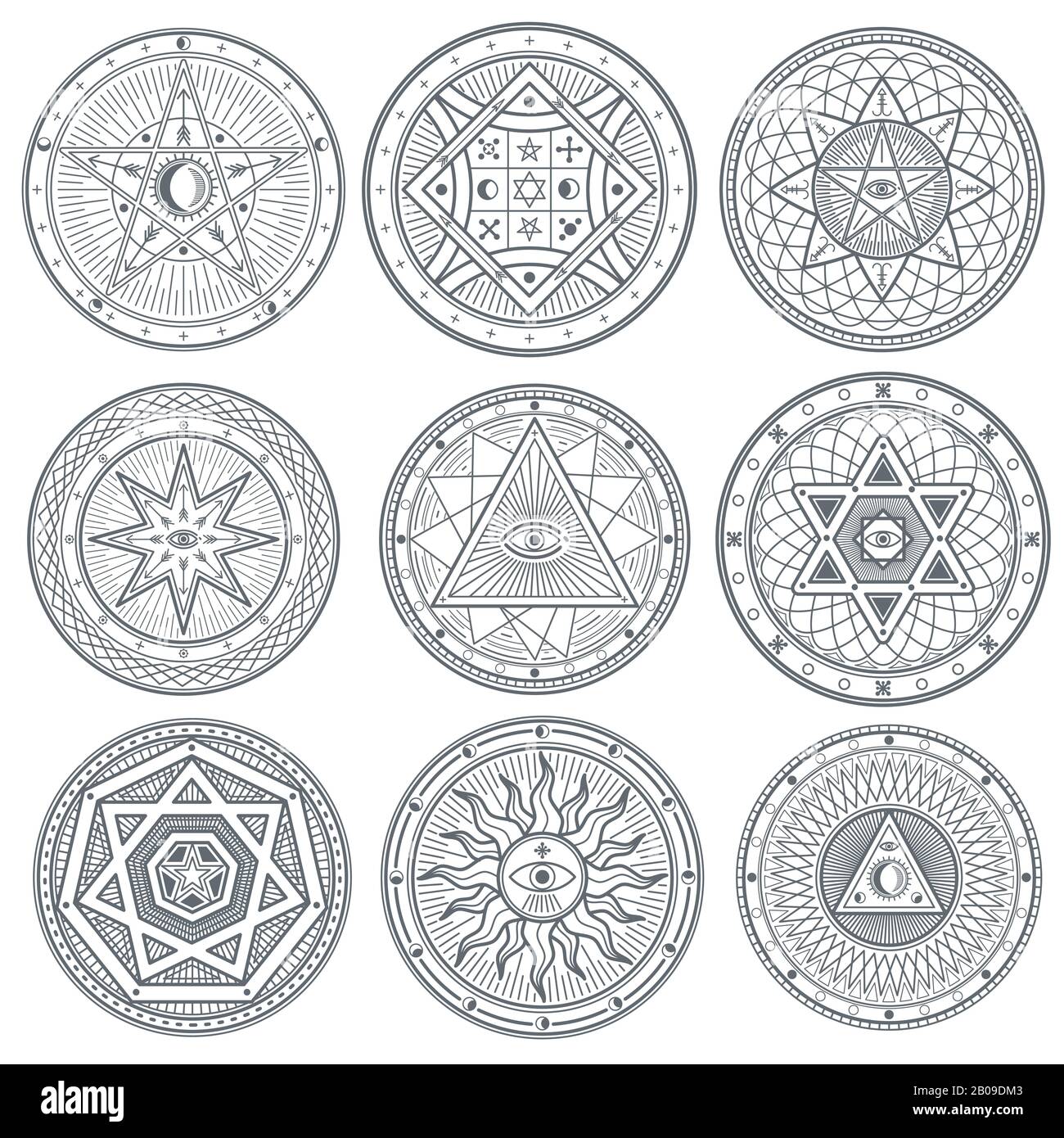 Occult, mystic, spiritual, esoteric vector symbols. Spiritual masonic tattoo symbol, illustration of spiritual religion signs Stock Vector
