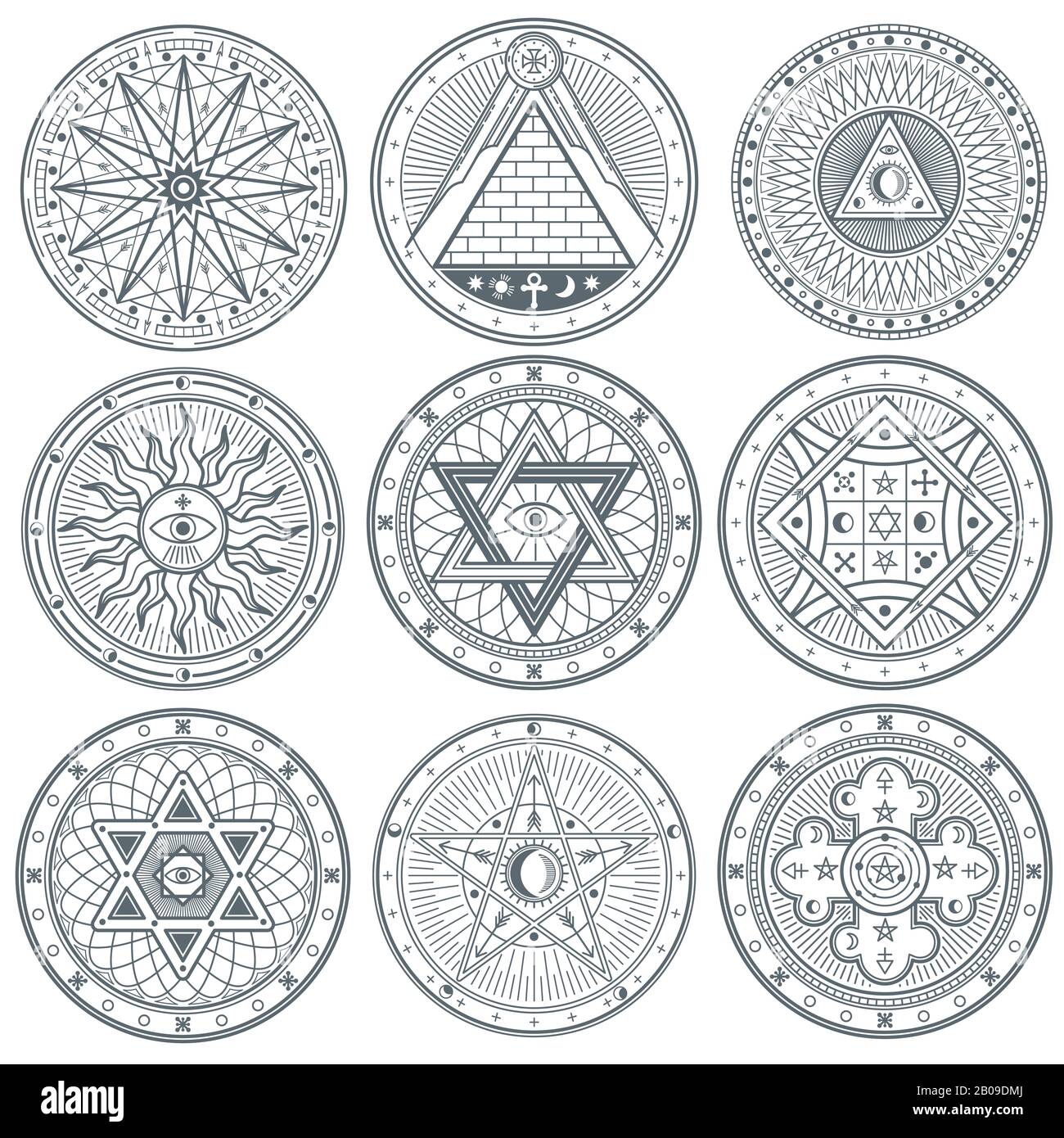 Mystery, witchcraft, occult, alchemy, mystical vintage gothic vector tattoo symbols. Mystical masonic symbols set illustration Stock Vector