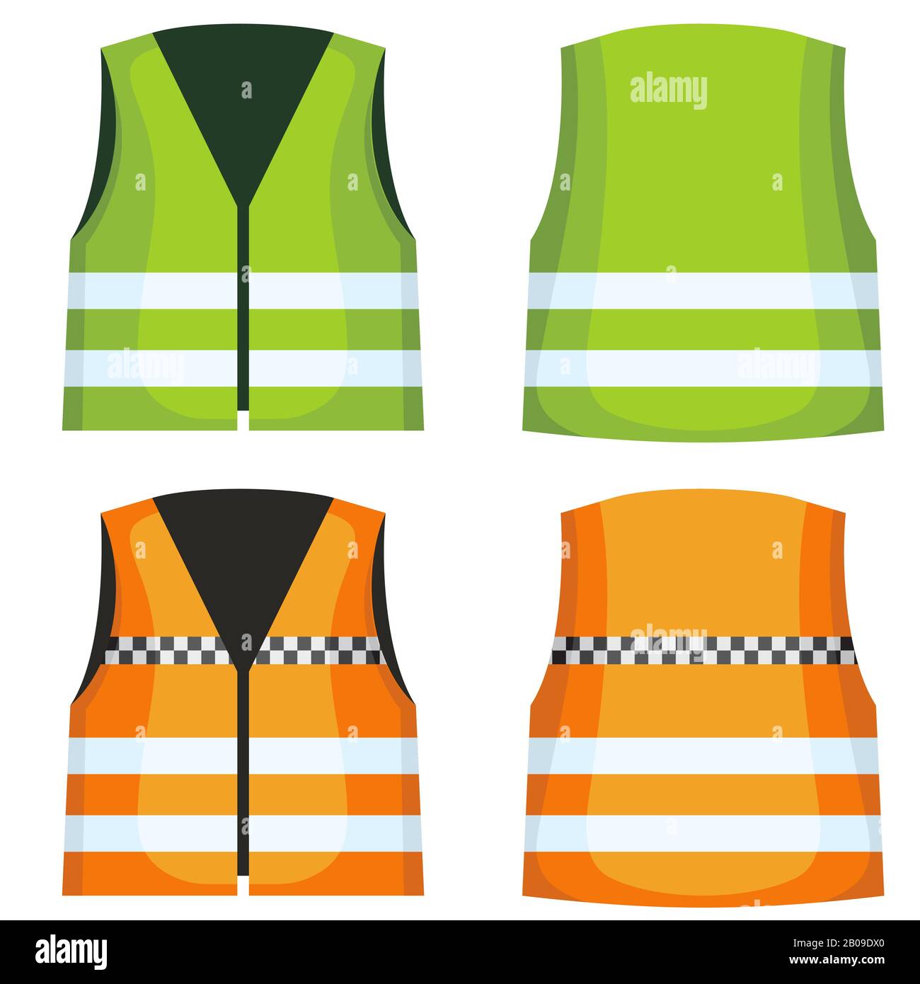 Safety road vest, waistcoat with reflective stripes vector set. Vest jacket fot work on road illustration Stock Vector