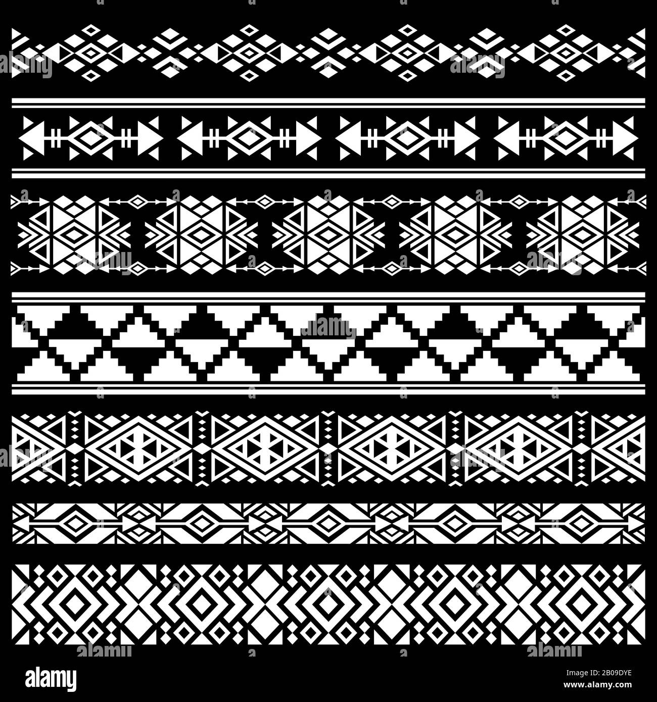 Mexican, american tribal art decor vector brushes, borders. Black white mexican decoration, ancient geometric mexican decoration illustration Stock Vector