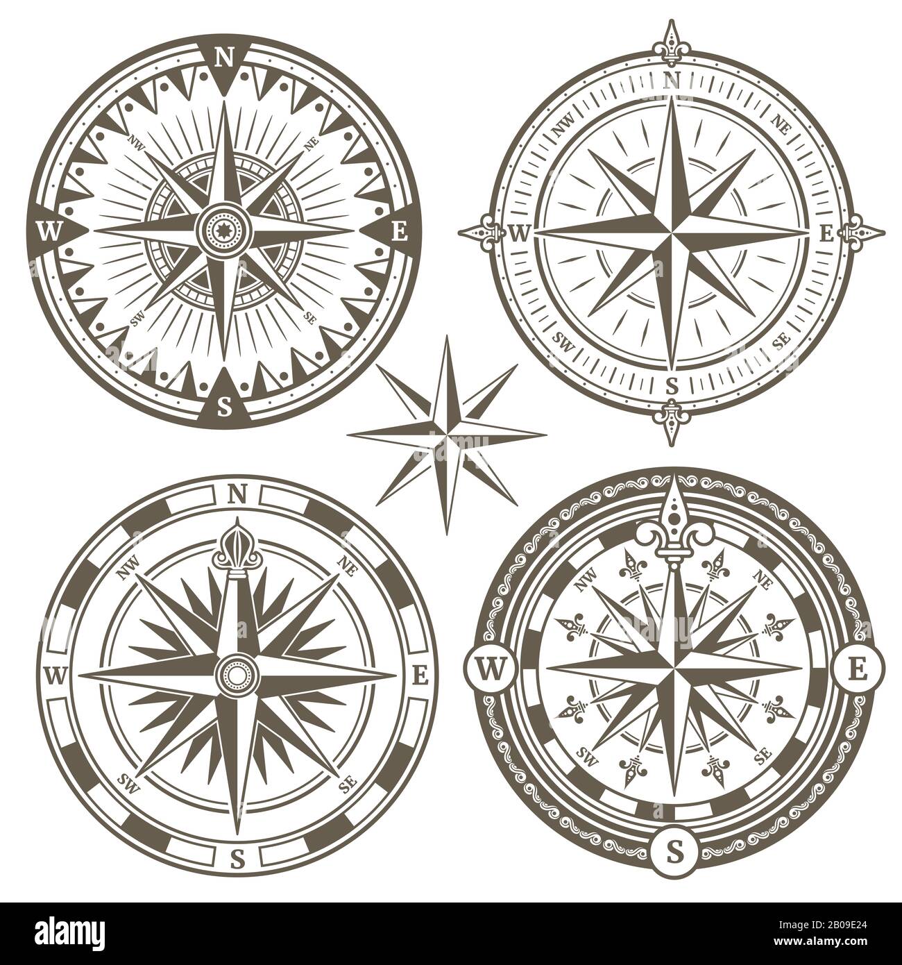 Old sailing marine navigation compass, wind rose vector icons. Set of windrose for navigation in sea, illustration of compass with wind rose Stock Vector