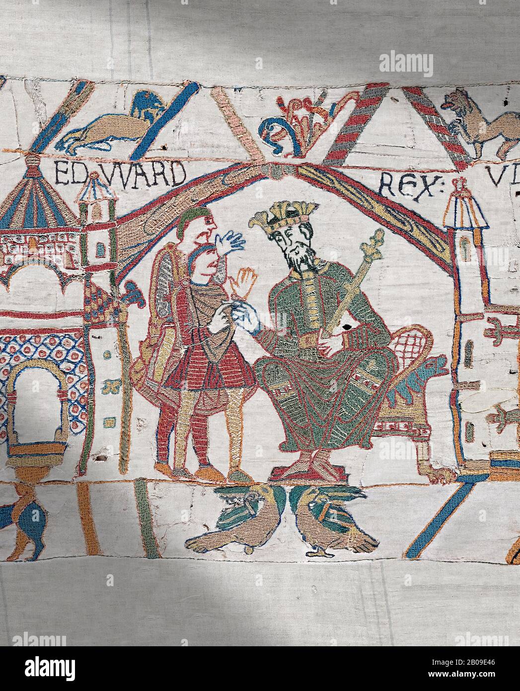 Bayeux Tapestry scene 1 : Edward The confessor send Harold to inform William he will succeed to English Throne. Stock Photo