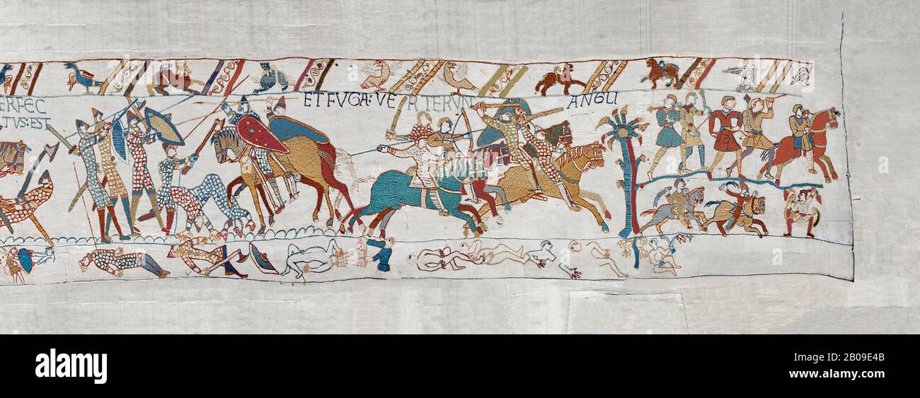 Bayeux Tapestry scene 58 :  Duke William wins the Battle of Hastings and is proclaimed King of England. BYX58 Stock Photo