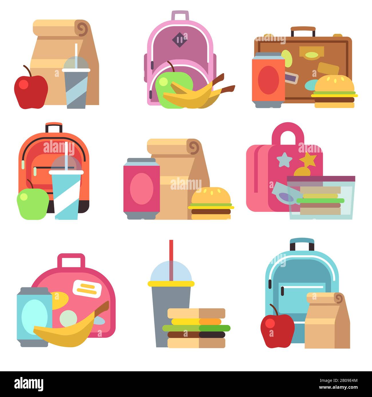 School lunch food boxes and kids bags vector flat icons. Lunch box fot lunchtime, breakfast sandwich and drink in lunchbox illustration Stock Vector