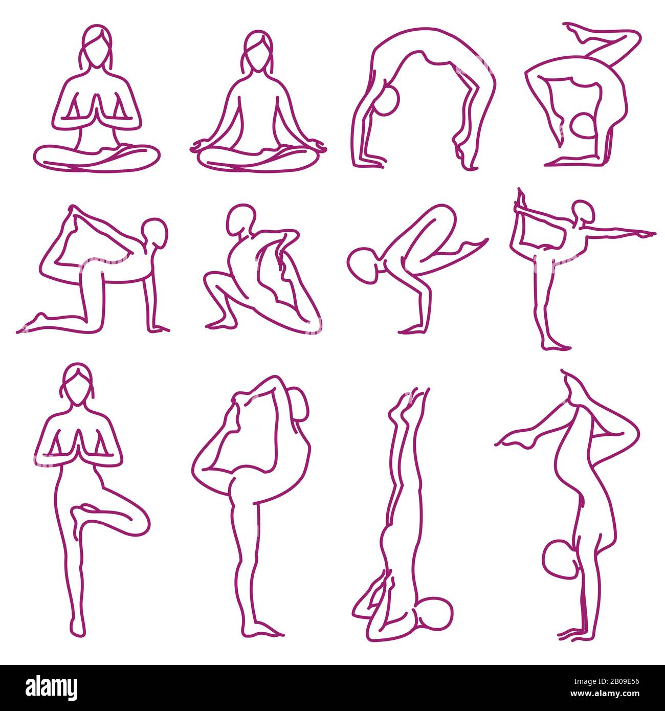 Yoga poses vector silhouettes, pilates fitness female exercises. Set of yoga poses, illustration of outline woman body in pose yoga Stock Vector
