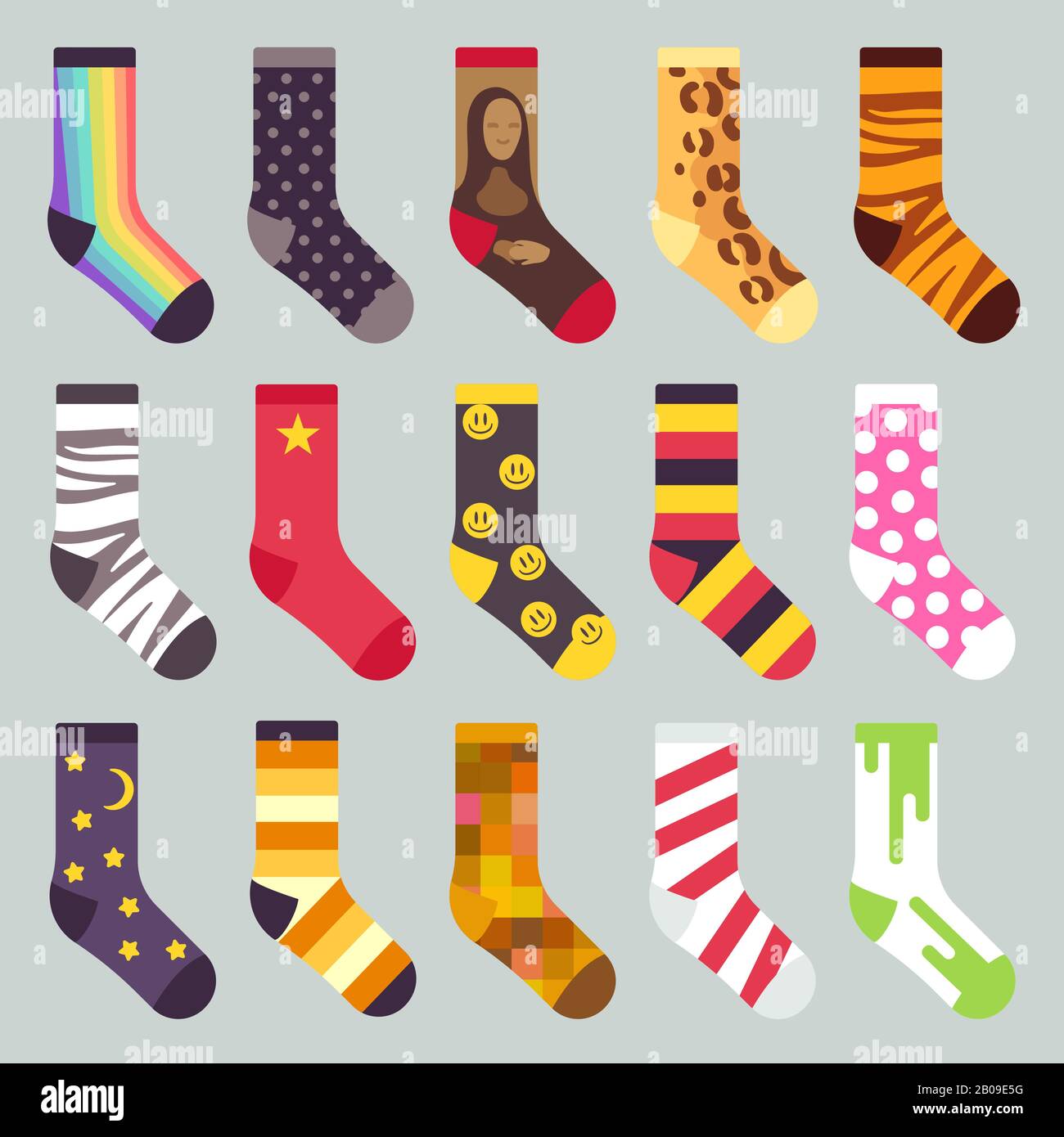 Textile colorful child warm socks vector. Set of sock with colored pattern, illustration of wool socks Stock Vector