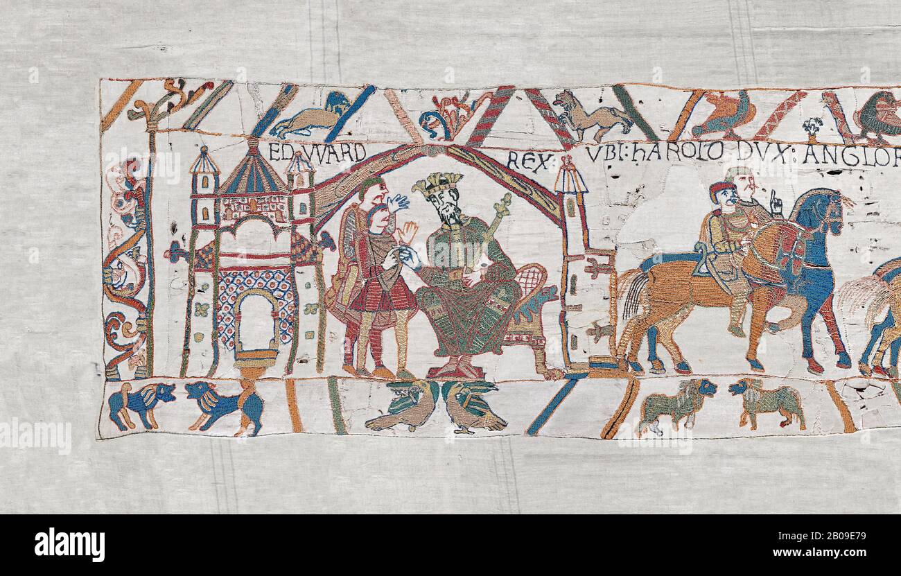 Bayeux Tapestry scene 1 : Edward The confessor send Harold to inform William he will succeed to English Throne. Stock Photo