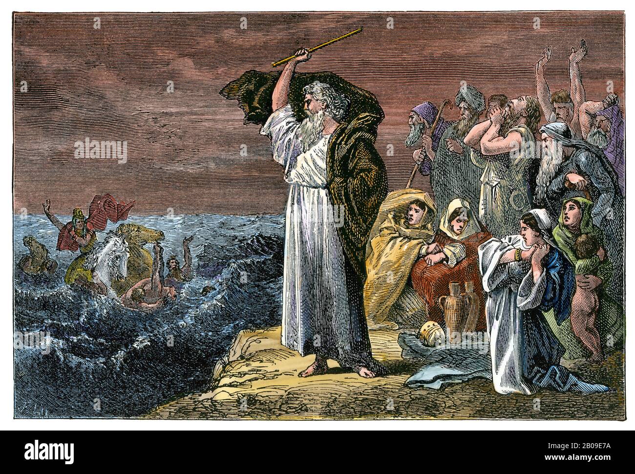 Moses watching the Red Sea destroy pharaoh's army, allowing the Hebrews to escape Egypt. Hand-colored woodcut Stock Photo