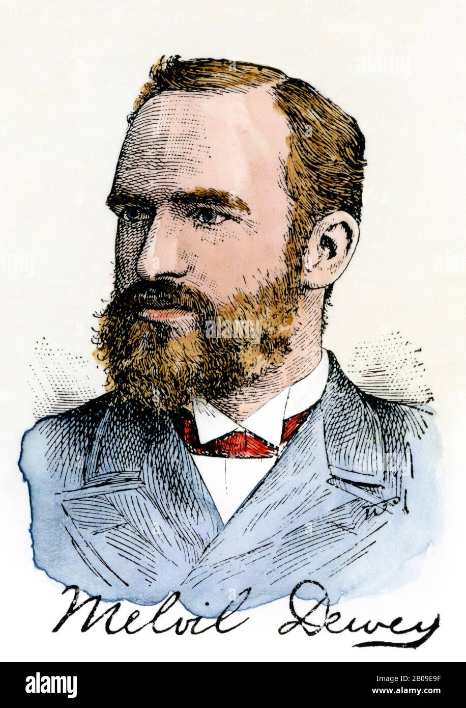 Melvil Dewey, who proposed library decimal classification system. Hand-colored woodcut Stock Photo