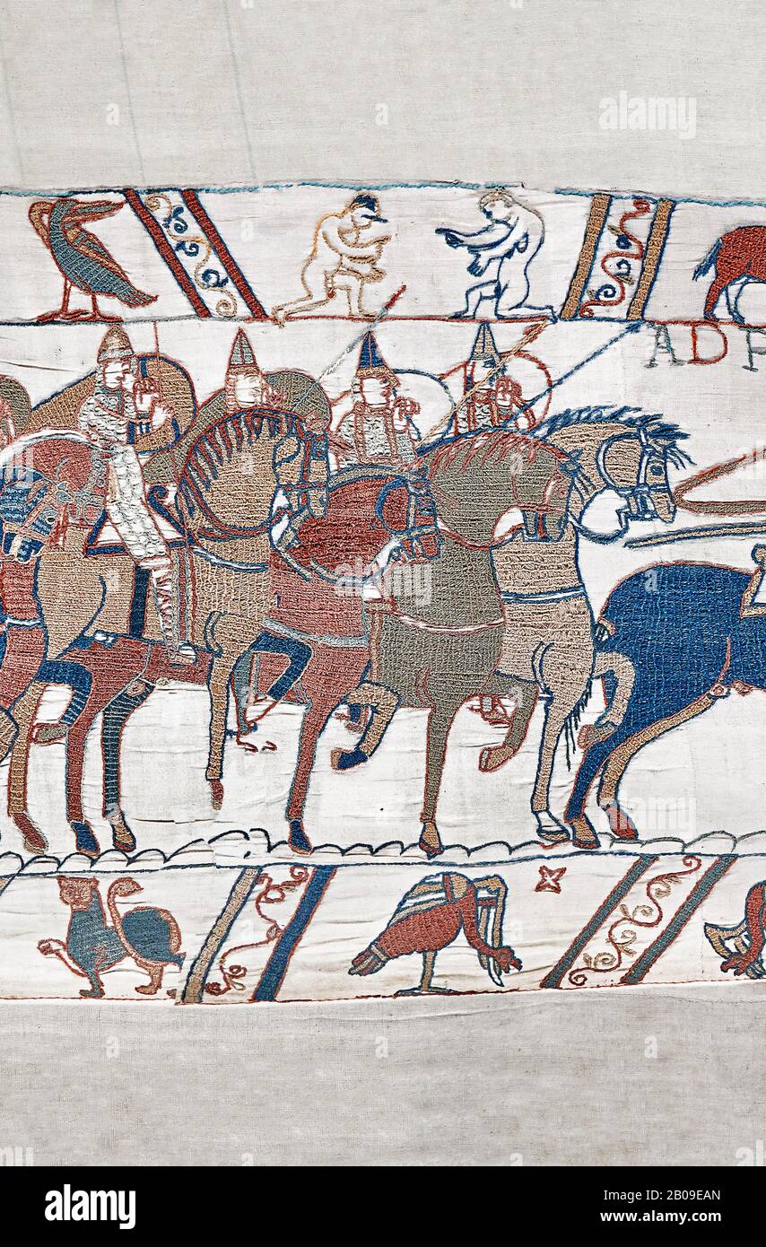 Bayeux Tapestry scene 48 :  Duke Williams Norman cavalry advance on Harols Saxons. Stock Photo