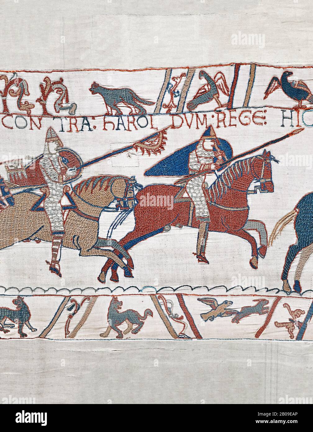 Bayeux Tapestry scene 48 :  Duke Williams Norman cavalry advance on Harols Saxons. Stock Photo