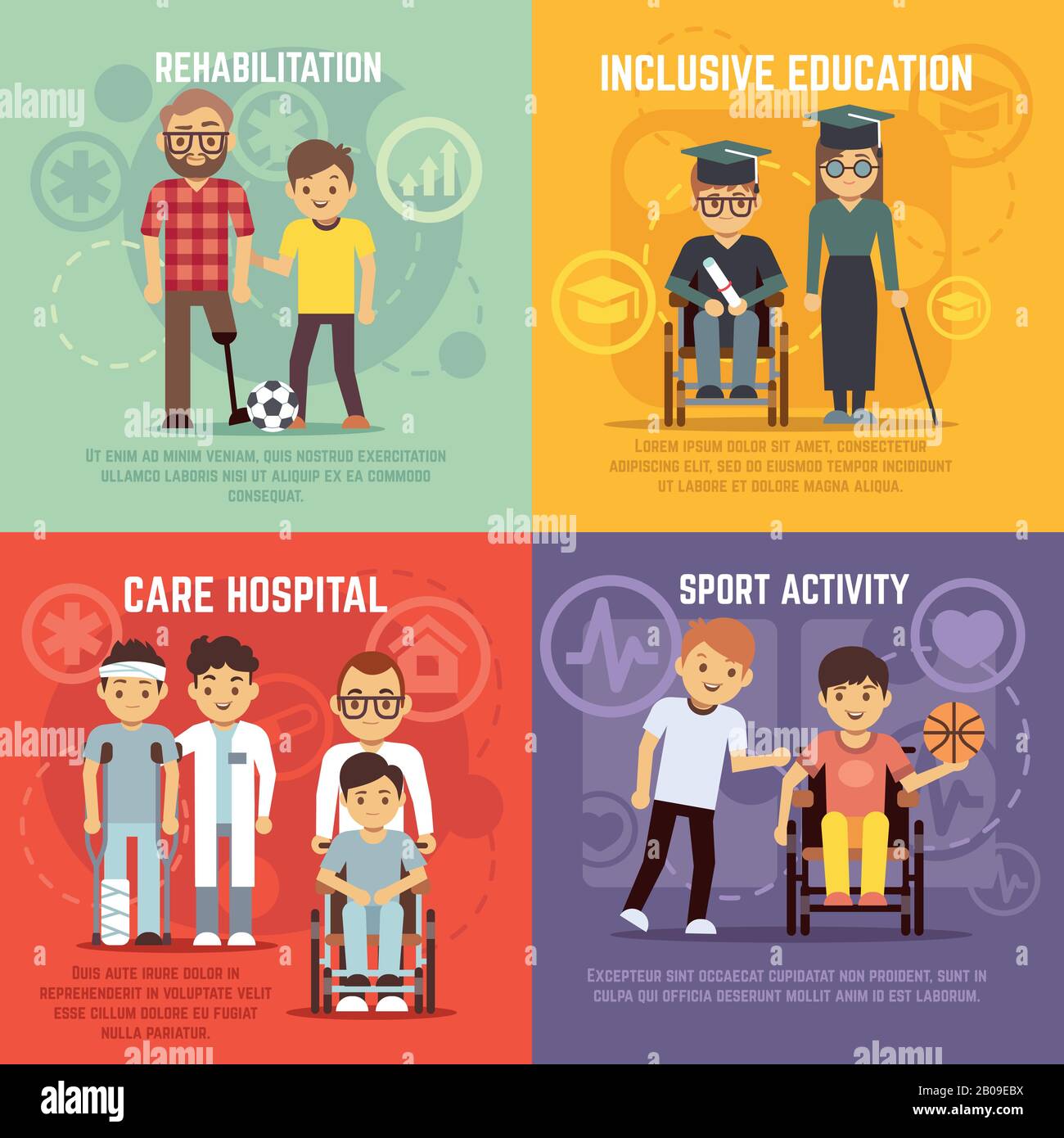Disabled person care vector flat concepts set. Inclusive education and