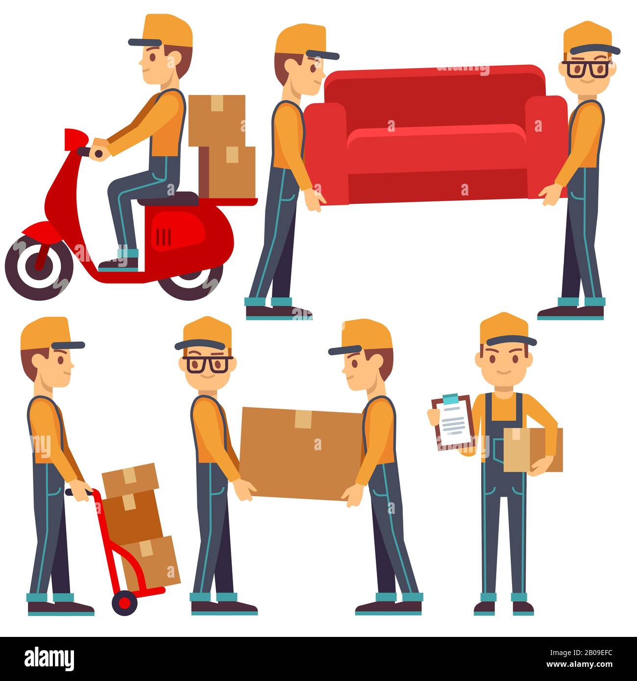 Man carrying boxes, delivery service people vector set. Man courier