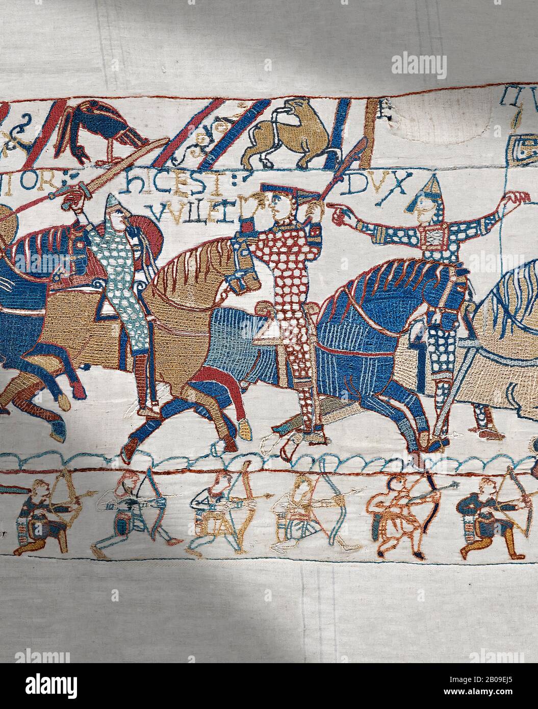 Bayeux Tapestry scene 55: Duke William raises his visor to show that a ...