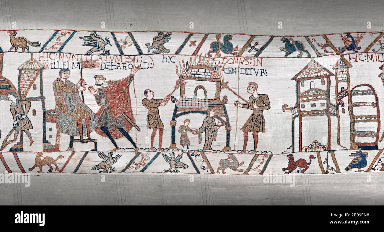 Bayeux Tapestry scene 46:  Duke William id told of Harolds army arrival and a house is burnt to clear the way. Stock Photo