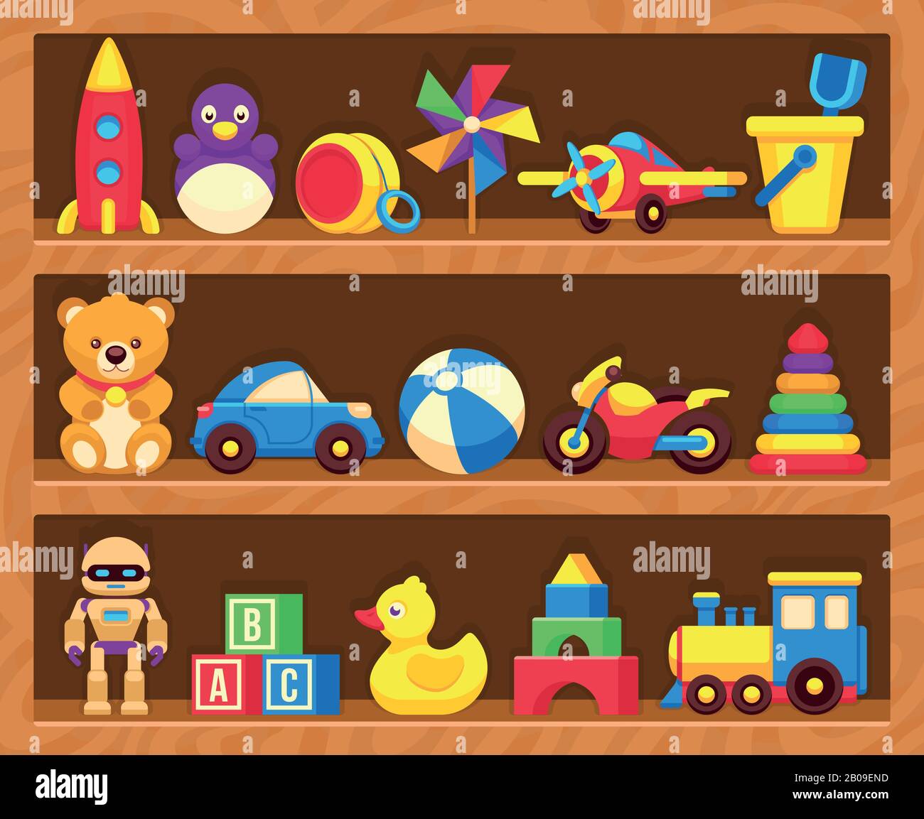 Kids toys on wood shop shelves. Toys in shelf robot and motorcycle, kids toys duck and teddy bear illustration Stock Vector