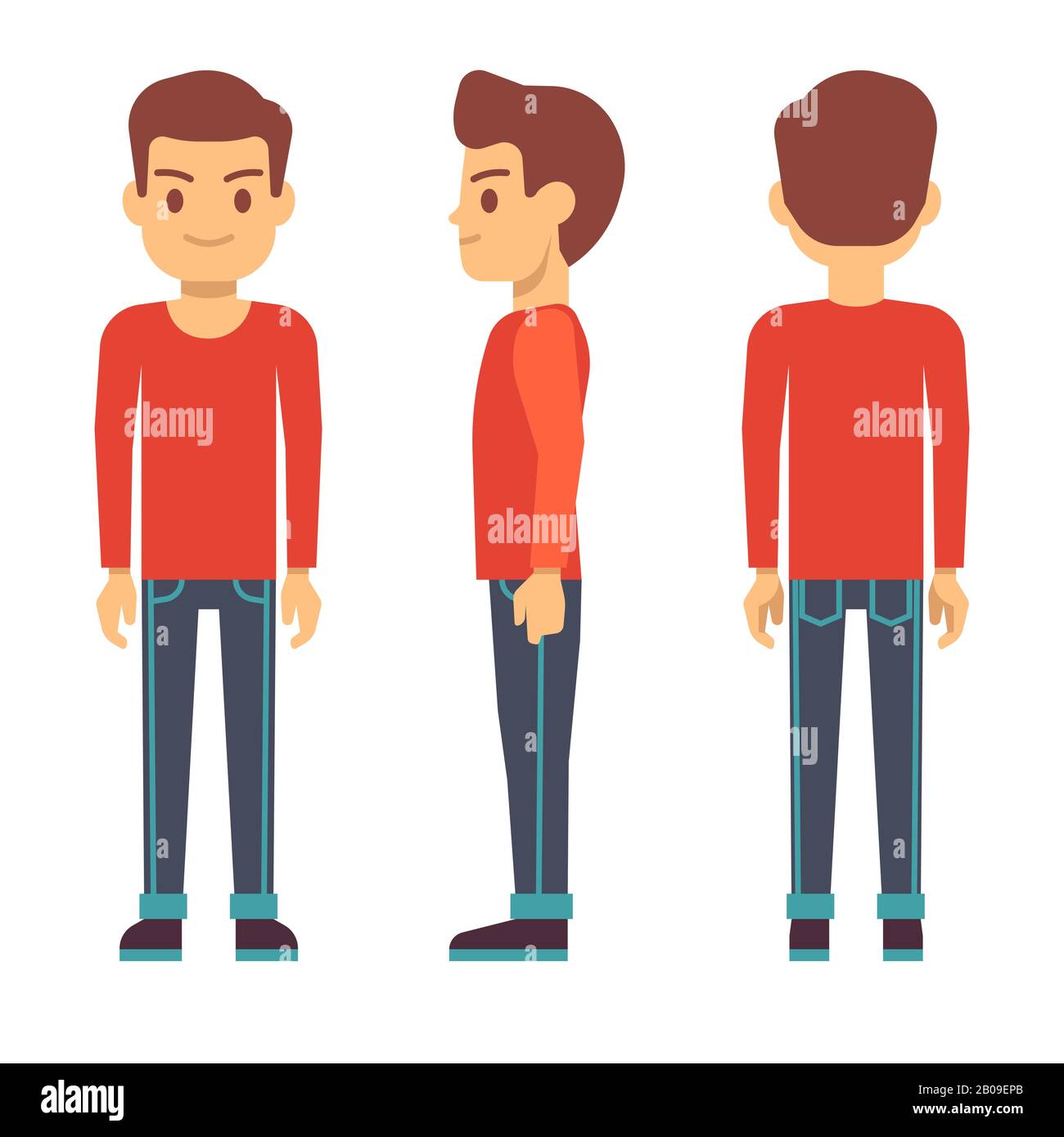 Standing young man, boy character in front, back, side view in casual clothes vector set. Guy stand side and front, illustration of cartoon guy Stock Vector