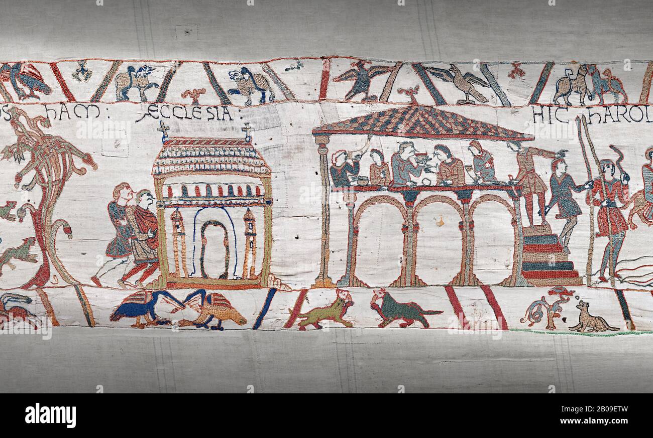 Bayeux Tapestry scene 3 - 4: Harold stops on way to Normandy to recieve blessing at Bosham church and then feasts. Stock Photo