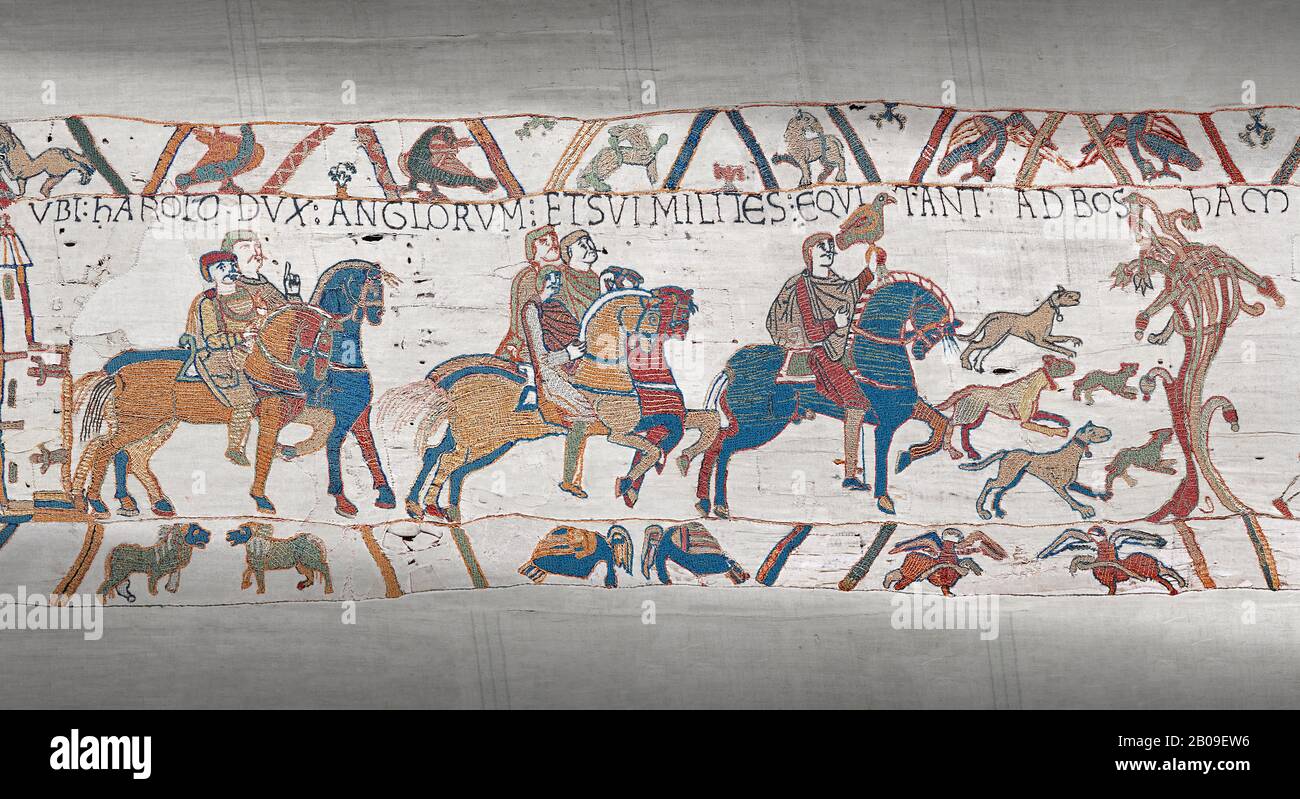 Bayeux Tapestry scene 2 : Harlod leaves for Normandy to inform William he will eucceed to English Throne. Stock Photo