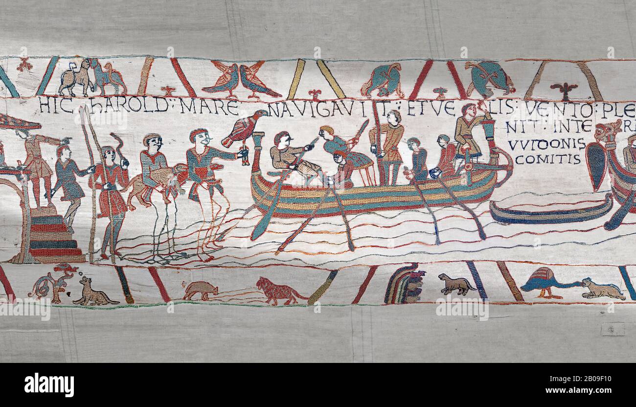 Bayeux Tapestry scene 4: Harold boards his ship to sail across the Channel to Normandy. Stock Photo