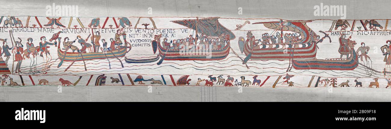 Bayeux Tapestry scene 5 : Strong winds blow Harold ships off course to the lands of Guy de Ponthieu. Stock Photo