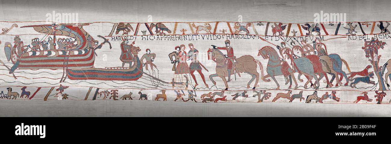 Bayeux Tapestry scene  6 - 7:  Harold is areested by Guy de Ponthieu for landing without permission. Stock Photo