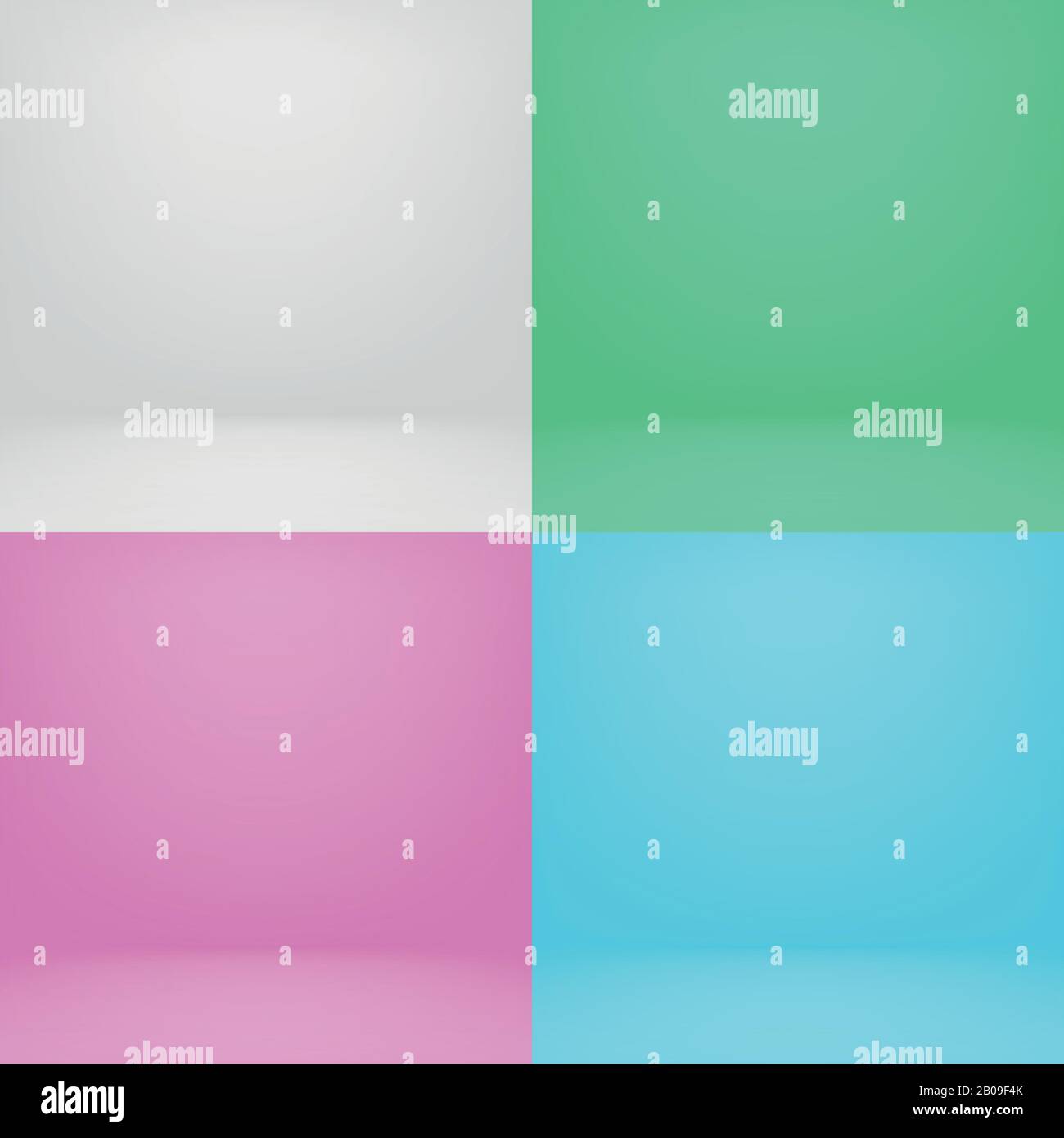 Empty white and color 3d studio room vector photo backgrounds. Set of studio rooms with colored backdrop for photo and video illustration Stock Vector