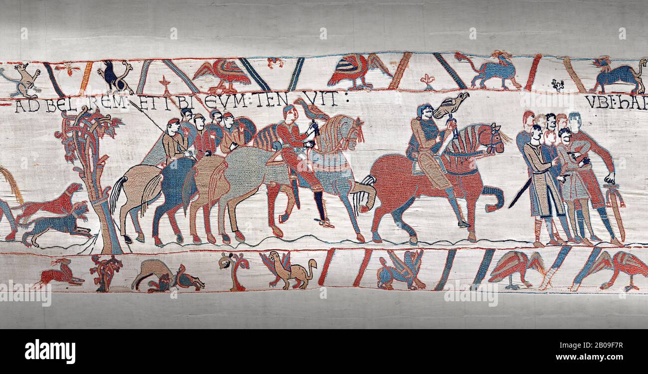Bayeux Tapestry scene 8 : Guy de Ponthieu, holding falcon, escorts his prisoner, Harold, to Beaurain. Stock Photo