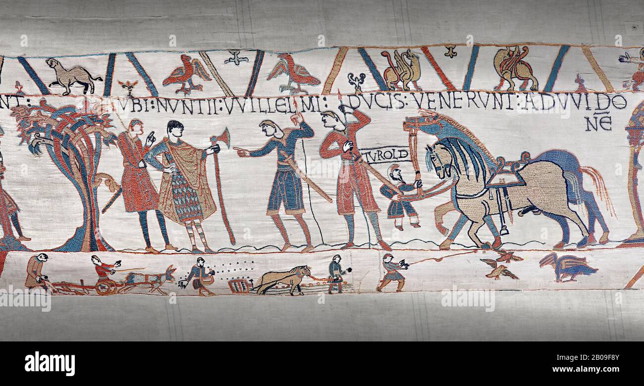 Bayeux Tapestry scene 10:  William sends messengers to Guy de Ponthieu ordering Harolds release. Stock Photo