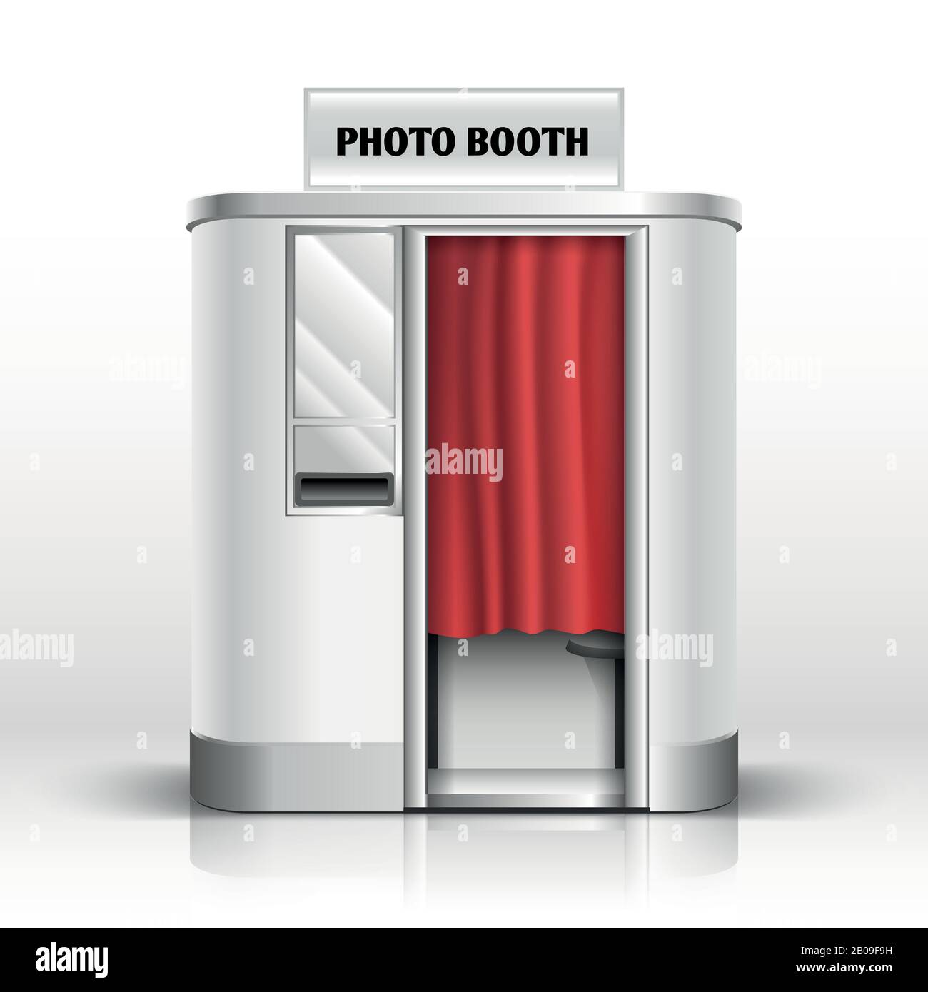 Photo quick service vending machine, photo booth vector illustration. Photo kiosk with red velvet curtain Stock Vector