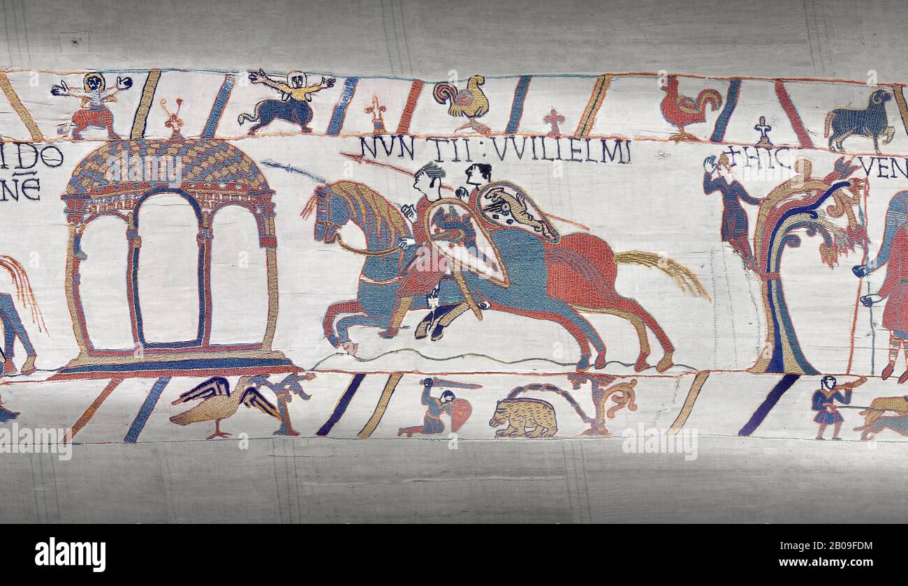 Bayeux Tapestry scene 11 :  Two messengers rush from William to Guy de Ponthieu with orders fro Harolds release. Stock Photo