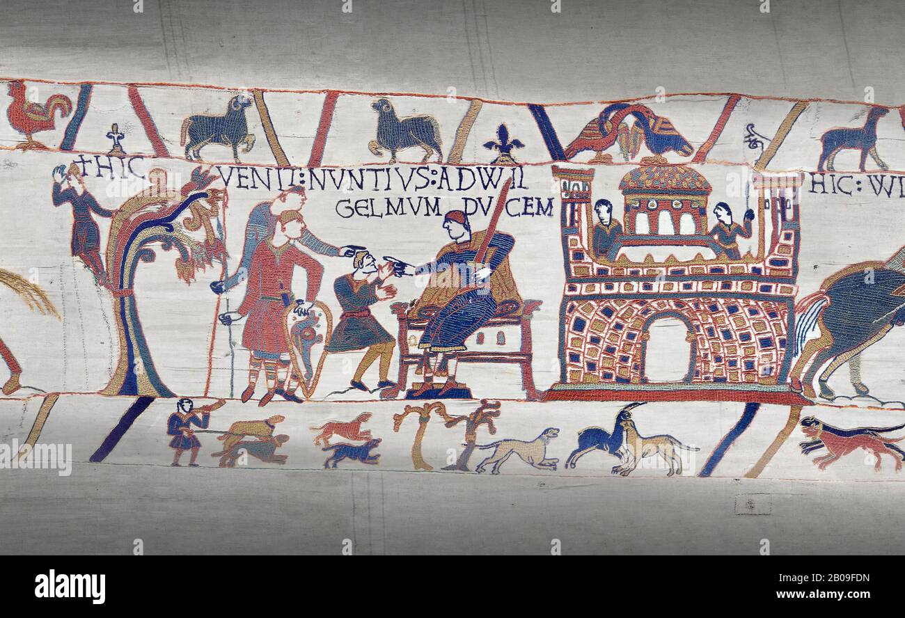 Bayeux Tapestry scene 12 : William gives orders to his messengers for Harolds release, Stock Photo