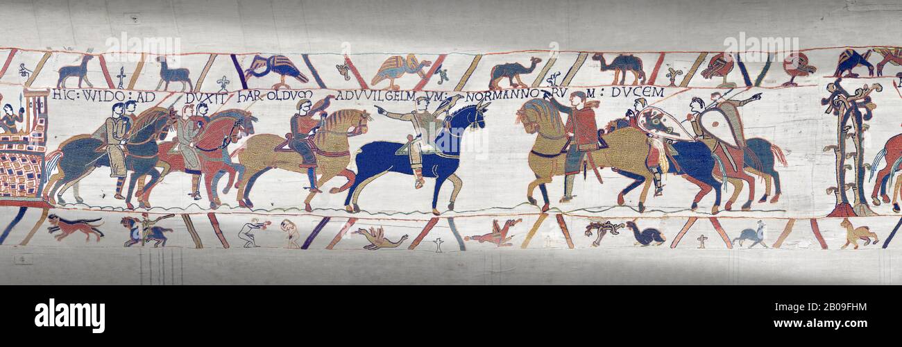 Bayeux Tapestry scene 13 :  Guy de Ponthieu, left,  hands Harold over to William the Conqueror, right. Stock Photo