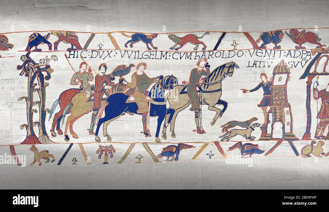 Bayeux Tapestry scene 14: Harold arives at Duke William of Normandy Castle. Stock Photo