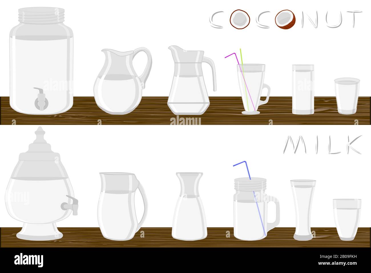Big kit different types glassware, coconut milk in jugs various size