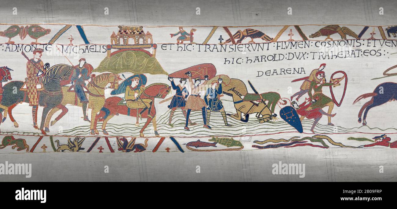 Bayeux Tapestry scene 17 : Crossing the Couesnon River near Mont St Michele, Duke Williams Soldiers sink in quicksand. Stock Photo