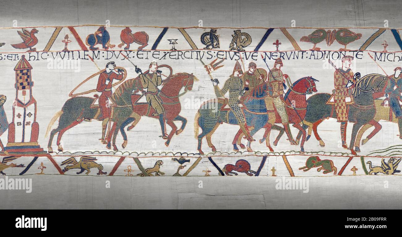 Bayeux Tapestry scene 16: Harold rides with Duke William to fight Conan, Duke of Britany. Stock Photo
