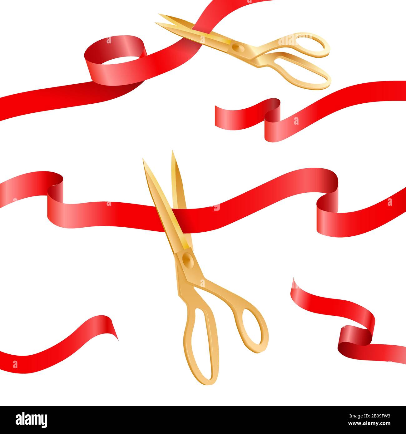 Golden scissors cutting ceremony silk ribbons vector elements for opening ceremony, event concept. Important ceremony with ribbon tape illustration Stock Vector