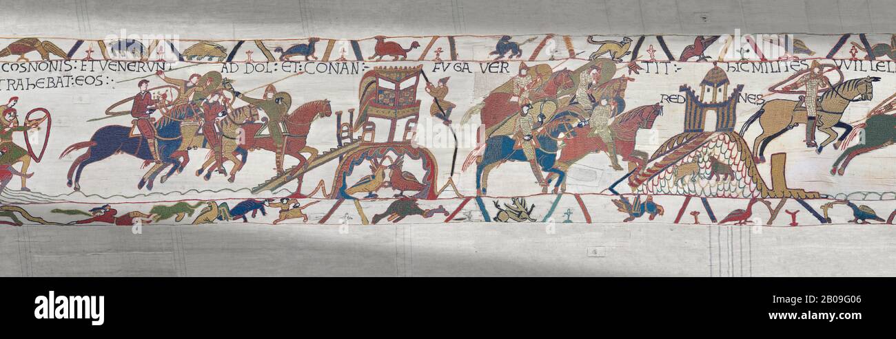 Bayeux Tapestry scene 18: The Norman army of Duke Willam enters Dol and the Rennes, Duke Conan of Brittany flees.   BYX18 Stock Photo