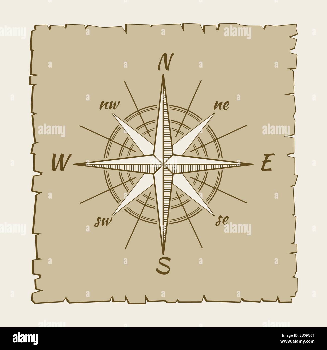 Vintage marine compass brown parchment. Wind rose on map. Vector illustration Stock Vector