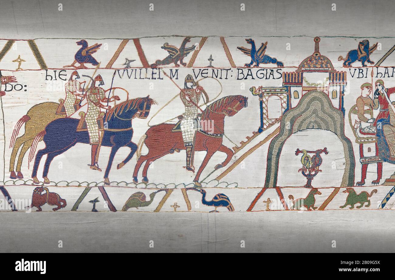Bayeux Tapestry scene 22:  Duke William and Harold ride to Bayeux after defeating Duke of Britany. Stock Photo