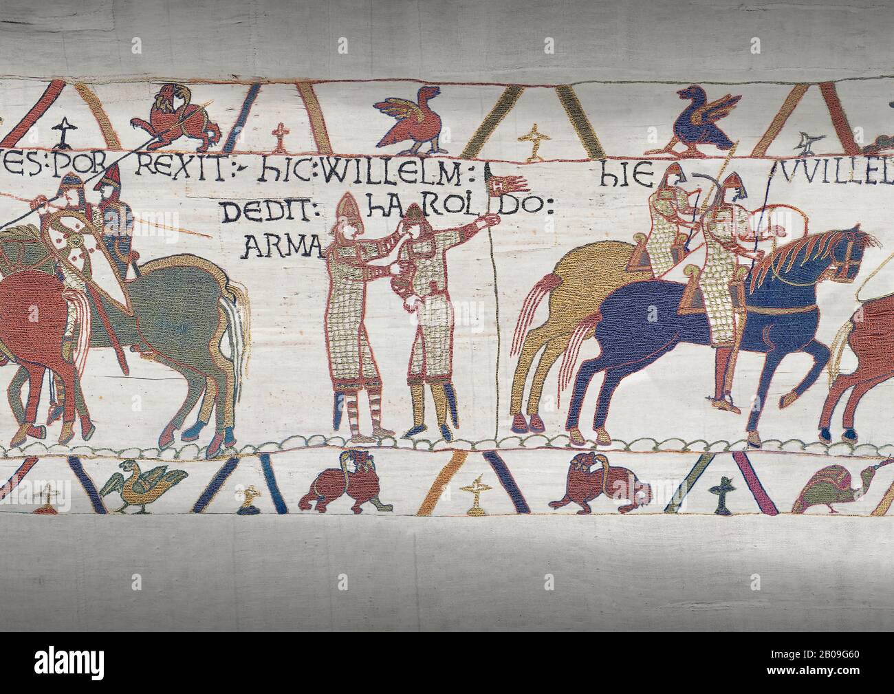 Bayeux Tapestry scene 21 : Duke William knights Harold for fighting against Duke of Britany. Stock Photo