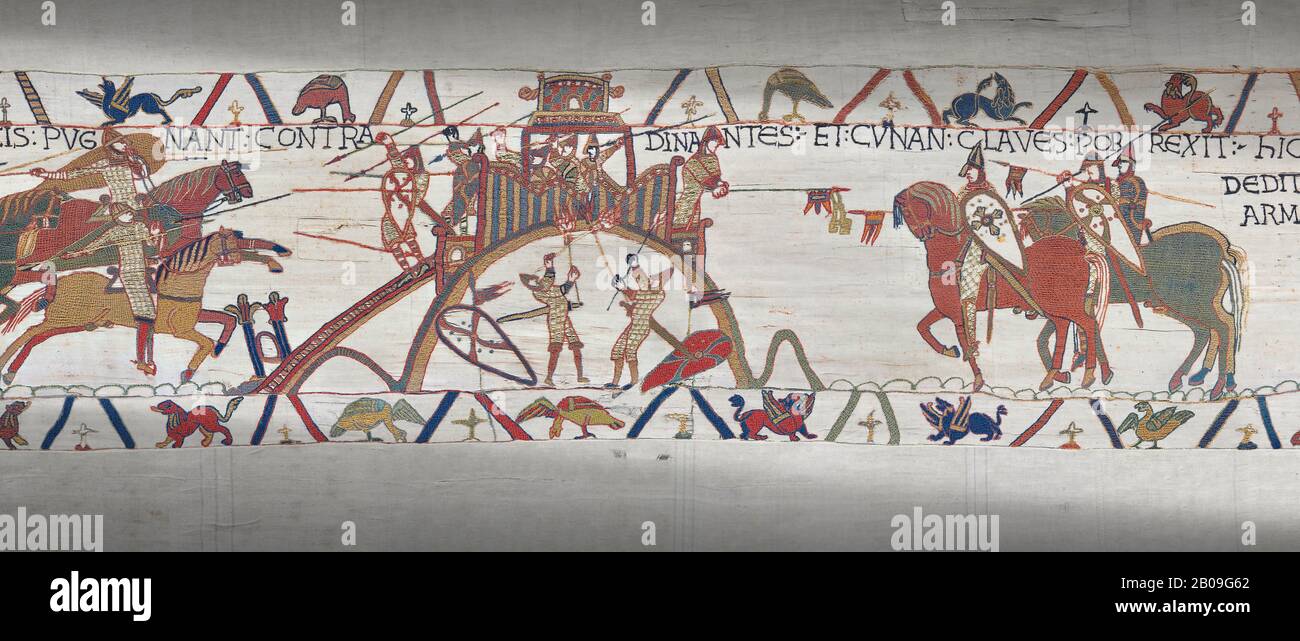 Bayeux Tapestry scene 20: Conan Duke of Britany surrender Dinan, city keys on end of his lance, to Duke William. Stock Photo