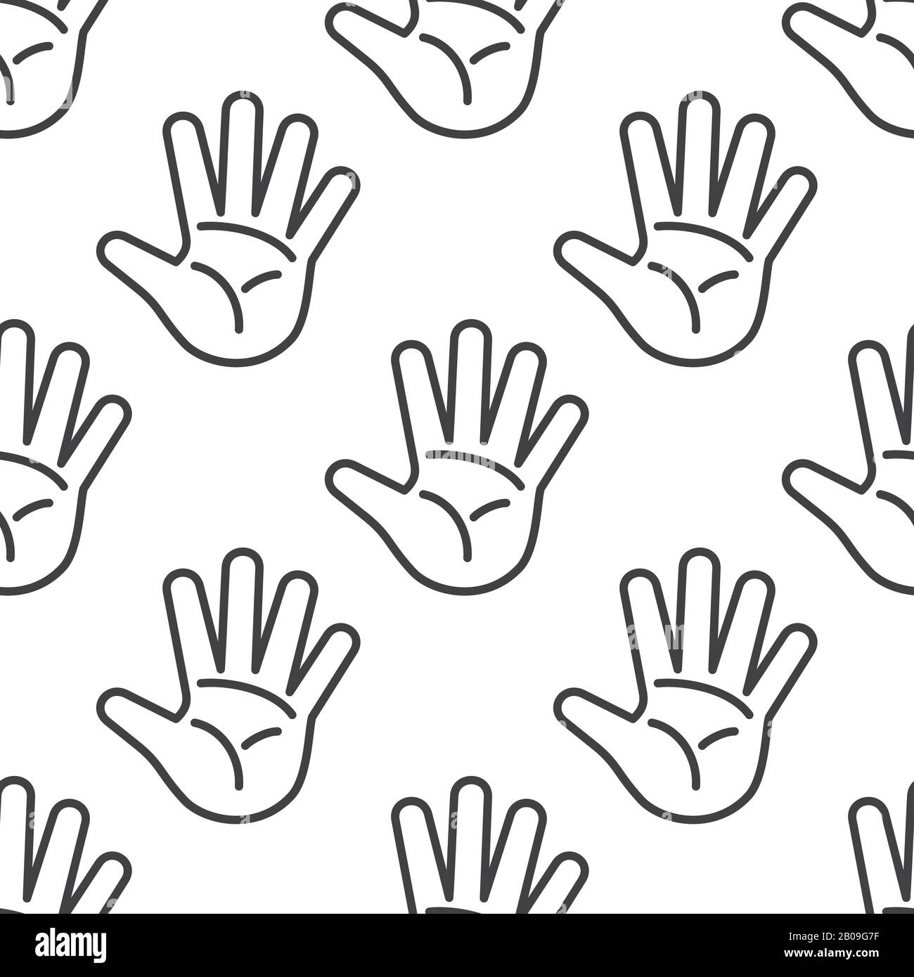 Open palm vector seamless pattern in black and white. Open hands outline illustration Stock Vector