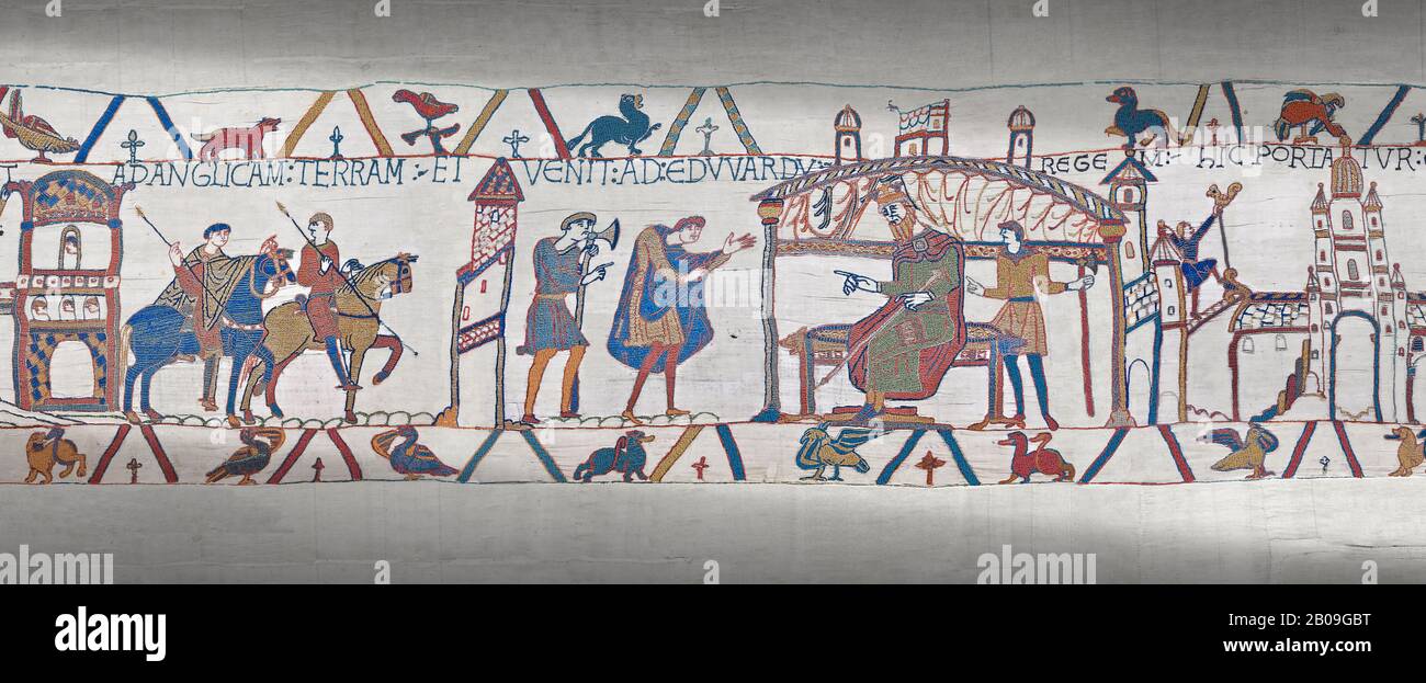 Bayeux Tapestry scene 25: Harold reports to Edward thr Confessor about his mission to see Williams in Normandy. Stock Photo