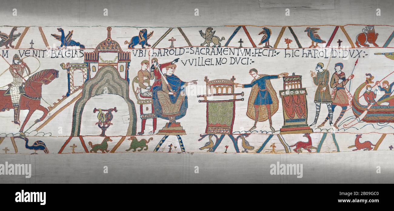 Bayeux Tapestry scene 23 :  In front of Duke William, Harold touches 2 reliqueries and swears fealty to Duke William. Stock Photo