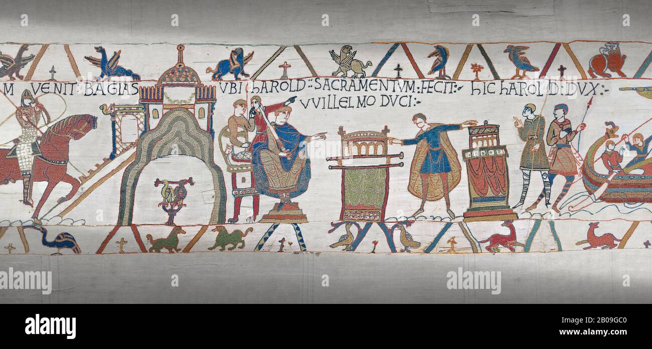 Bayeux Tapestry scene 23 : In front of Duke William, Harold touches 2 ...