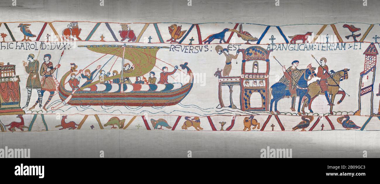 Bayeux Tapestry scene 23 : Having sworn fealty to Duke William Harold sails back to England. Stock Photo