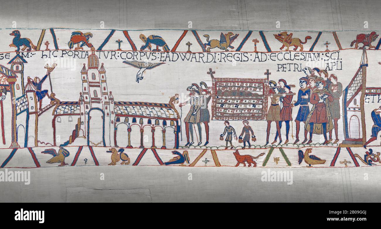 Bayeux Tapestry scene 26 :  Edward The Confessor's Corpes is carried to St Peters Church. Stock Photo