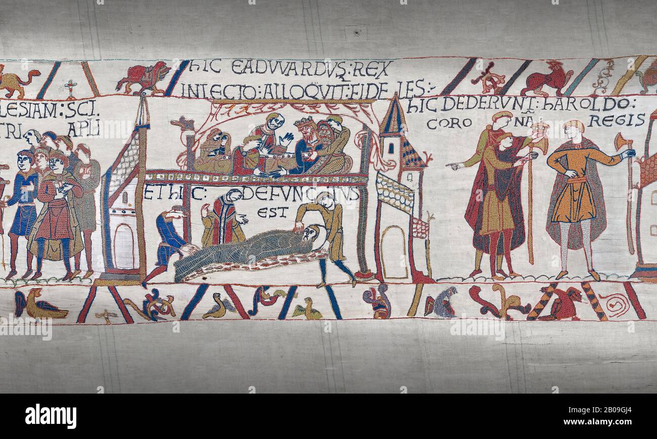 Bayeux Tapestry scene 27-28 :  A dying Edward the Confessor makes Stock Photo